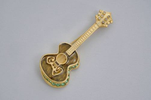 Bob Mackie Guitar pin, gold gilt, rhinestones & enamel, 1980`s ca American